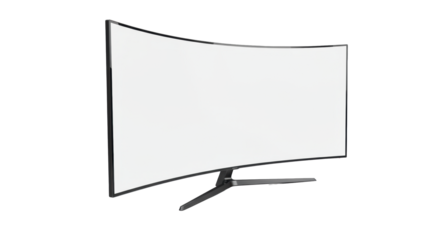 Extreme close-up macro of a sleek, modern curved screen television on a transparent background, with dancing reflections and cinematic backlighting, high-tech elegance concept