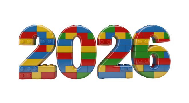 Year 2026 made of building blocks 3d rendered isolated on transparent background
