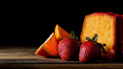 Fresh Strawberries and Sliced Fruit with Pound Cake on Wooden Surface
