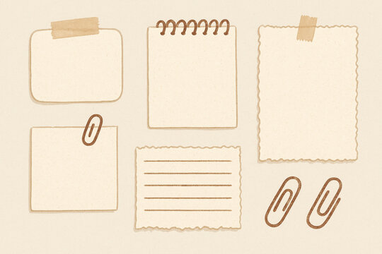 Handmade-style stationery notes with tape, clips, spirals, and torn edges