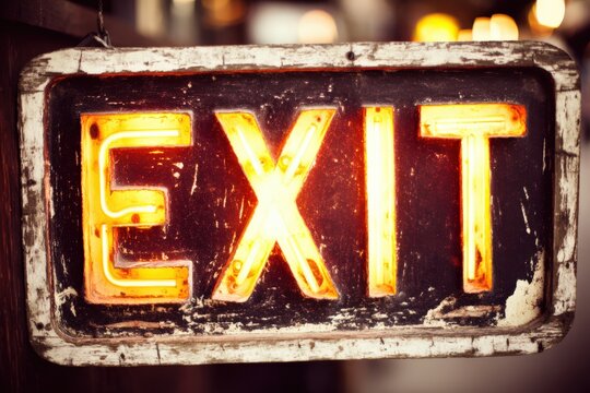 Rustic vintage EXIT sign radiating warm neon glow against a backdrop of urban intrigue, symbolizing transitions and moments of liberation in a captivating setting