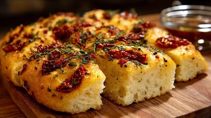 Garlic Bread with Herbs and Sun-dried Tomatoes on Wooden Cutting Board