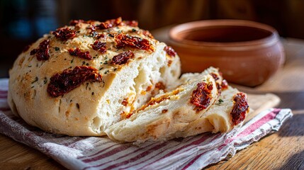 Sun-dried Tomato Focaccia Bread on Rustic Cloth with Bowl of Olive Oil in Warm Kitchen