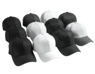 Assortment of baseball caps, a mix of black and white, arranged in a dynamic composition