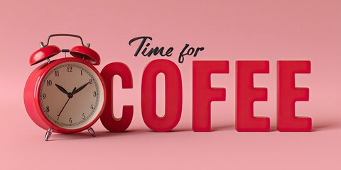 Red Retro Alarm Clock and Large Red Coffee Letters on Pink Background