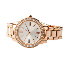 Elegant rose gold wristwatch isolated on transparent background for women