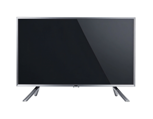 A rectangular, flat-screen display on two silver legs against a black background