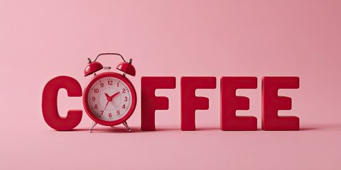 Red Vintage Alarm Clock Sitting in Front of Bold Coffee Letters on Pink Background