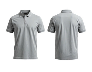 Two views of a gray polo shirt front and back, showcasing collar, buttons, sleeves and texture