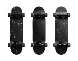 Three well-worn, black skateboards, showcasing wear and tear, isolated on a black background