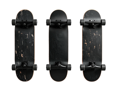 Three well-worn, black skateboards, showcasing wear and tear, isolated on a black background