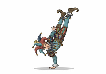 Jester performing a handstand with colorful costume.