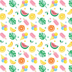 set of hand draw summer and beach concept, illustration doodle art style, graphic element such as, watermelon, icecream,lemon,leaf