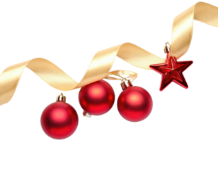 Festive decorations with red baubles and a star ornament, entwined with a gold ribbon