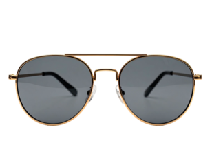 Front view of classic round sunglasses, gold-toned frame, dark lenses, and straight brow bar
