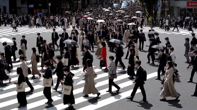 Dynamic Tokyo crowd crossing Shibuya scramble in suits and face masks, vibrant urban energy, symbolizing bustling business district and modern city life