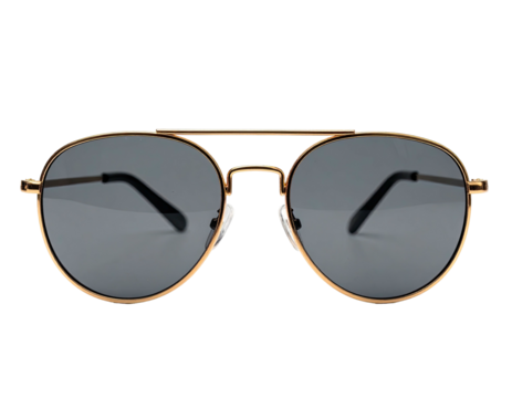Front view of classic round sunglasses, gold-toned frame, dark lenses, and straight brow bar