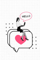 Zine vertical image trendy poster collage of happy girl surf laptop heart icon blogging notification text box social media reaction