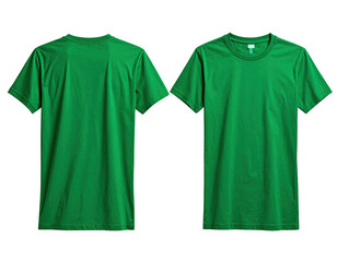 A vibrant green t-shirt, front and back views, isolated on a black background, plain design
