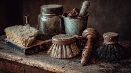 Vintage Cleaning Tools and Brushes on Wooden Surface in Rustic Setting