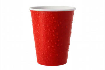 Red plastic cup full of cold drink, showing condensation and water droplets on its surface. Event beverage