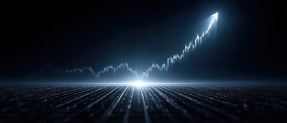 Glowing Blue Financial Stock Market Graph Ascending Upwards in Dark Futuristic Environment With Subtle Grid Pattern