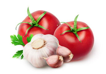 Two whole tomatoes and garlic with segments isolated on white background