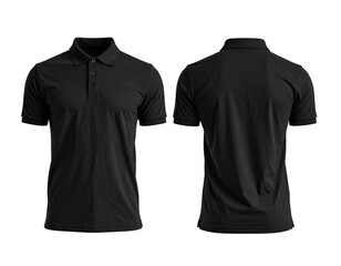 Front and back views of a simple black polo shirt on a dark background