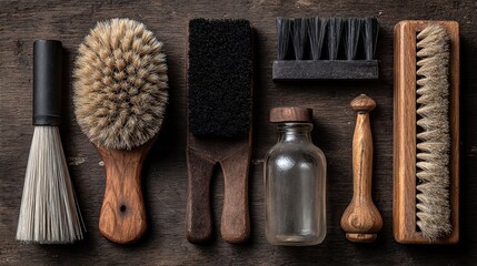 Collection of Shoe Cleaning Brushes and Accessories on Dark Wooden Surface