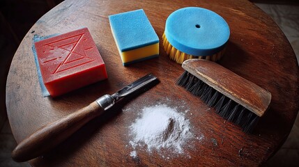 Cleaning Supplies Set with Sponges Brush and Powder on Wooden Surface