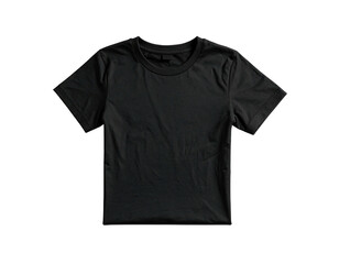 A black t-shirt lays flat against a black background, showing its front