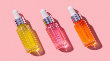 Colorful Skincare Serums in Glass Dropper Bottles on Pink Background
