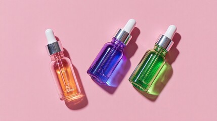 Colorful Glass Dropper Bottles on Pink Background in Studio Setting