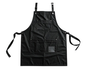 Black apron with pockets, adjustable straps, and a simple design, isolated on black