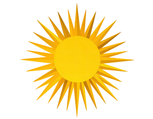 A vibrant, stylized sun radiating golden rays, rendered on a stark, black backdrop