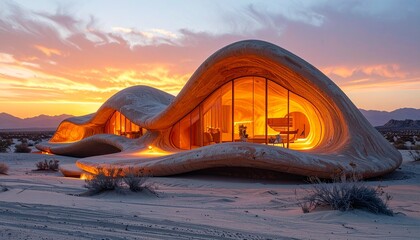 Desert Haven: This photo depicts a unique, organic-shaped structure nestled within a serene desert landscape during the magic hour, featuring flowing architectural lines.