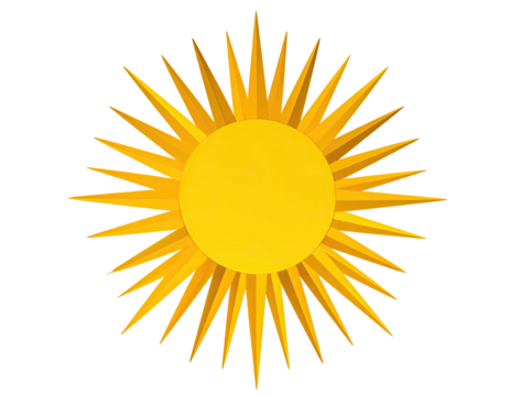 A vibrant, stylized sun radiating golden rays, rendered on a stark, black backdrop