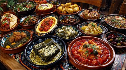 Colorful Traditional Mexican Cuisine Assorted Dishes in Ceramic Bowls on Rustic Table
