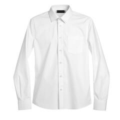 A crisp, long-sleeved, white button-down shirt with a single chest pocket, isolated on black