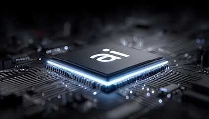 Glowing Central Processing Unit with AI Symbol in a Dark Computer Motherboard Circuitry Background with Blue Neon Light Effects