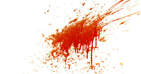 Photograph capturing a dramatic blood splash on a clean white background. The red liquid forms organic droplets and abstract shapes. Adeal for horror, medical, or artistic use.