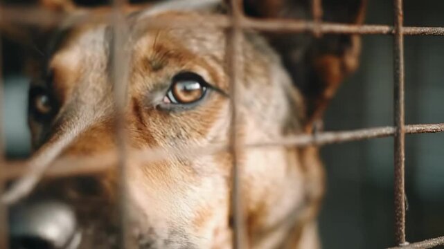 A dog's face peering through rusty metal cage bars.