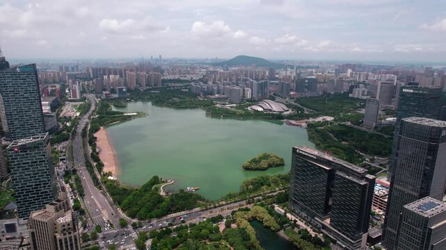 Urban landscape along Swan Lake in Hefei, China