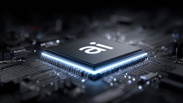 Glowing Central Processing Unit with AI Symbol in a Dark Computer Motherboard Circuitry Background with Blue Neon Light Effects