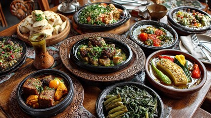 Traditional Middle Eastern Feast with Assorted Dishes in Ornate Bowls and Plates