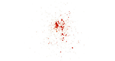 Photograph capturing a dramatic blood splash on a clean white background. The red liquid forms organic droplets and abstract shapes. Adeal for horror, medical, or artistic use.