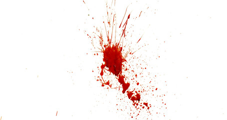 Photograph capturing a dramatic blood splash on a clean white background. The red liquid forms organic droplets and abstract shapes. Adeal for horror, medical, or artistic use.