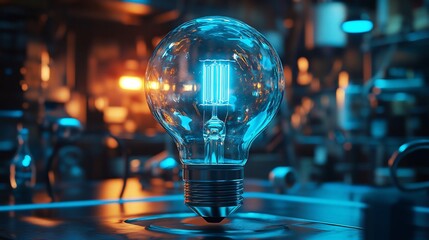 Glowing lightbulb on metal surface, vibrant colors with blurry background, technology focus