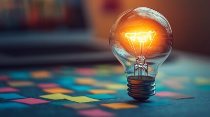 Glowing lightbulb on sticky notes, symbolizing ideas and creativity
