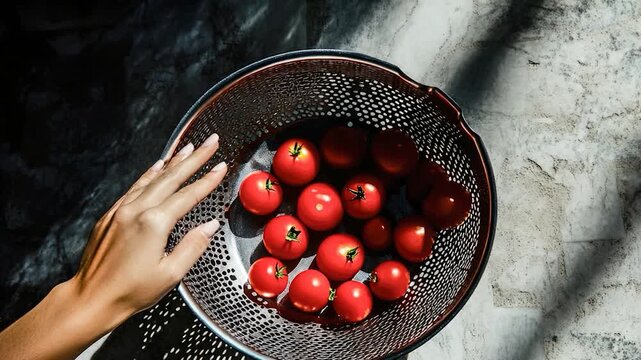 A person holding a colander filled with fresh tomatoes, great for kitchen or food related uses